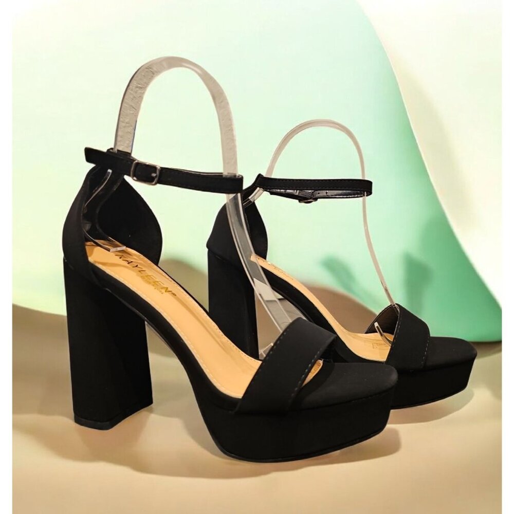Black High-Block Heel Sandals With Ankle Strap Womens  Nubuck Material Platform